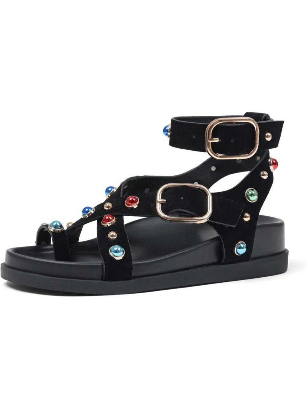 Women's Black Rhinestone Ankle Wrap Molded Footbed Flat Platform Sandal Shoes